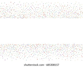 Rainbow colored magic stars confetti. Shiny festive glitter. Vector cosmic frame background. Luxury falling star dust. Christmas, carnival or festival, birthday party, new year celebration design.