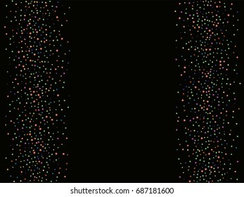 Rainbow colored magic stars confetti. Shiny festive glitter. Vector cosmic frame background. Luxury falling star dust. Christmas, carnival or festival, birthday party, new year celebration design.