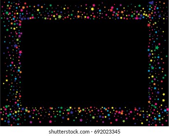 Rainbow colored magic stars confetti. Shiny festive glitter. Vector cosmic frame background. Luxury falling star dust. Christmas, carnival or festival, birthday party, new year celebration design.