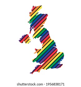 Rainbow colored map of UK. Pride month concept. Isolated on white.