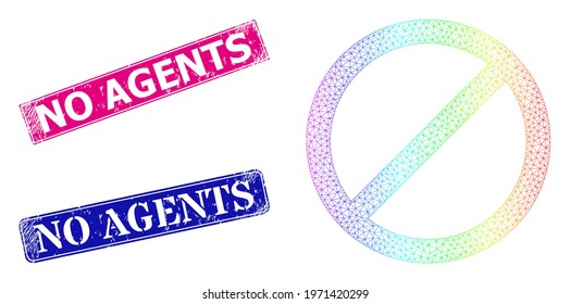 Rainbow colored mesh forbid, and No Agents dirty framed rectangle stamp seals. Pink and blue rectangle stamp seals contain No Agents title. Vector model created from forbid icon.