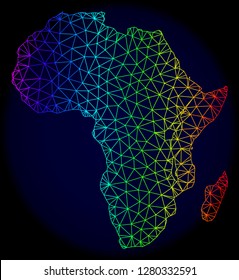 Rainbow colored mesh vector map of Africa isolated on a dark blue background. Abstract lines, triangles forms map of Africa. Carcass model for patriotic illustrations.