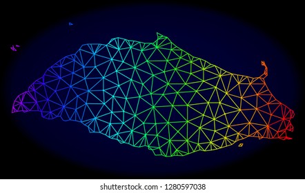 Rainbow colored mesh vector map of Tortuga Island isolated on a dark blue background. Abstract lines, triangles forms map of Tortuga Island. Carcass model for political templates.