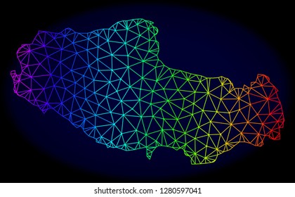 Rainbow colored mesh vector map of Tibet isolated on a dark blue background. Abstract lines, triangles forms map of Tibet. Carcass model for political templates.