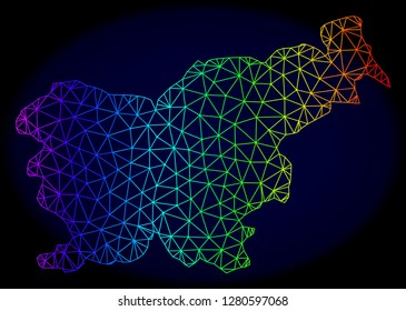 Rainbow colored mesh vector map of Slovenia isolated on a dark blue background. Abstract lines, triangles forms map of Slovenia. Carcass model for political templates.
