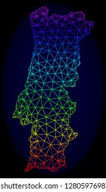 Rainbow colored mesh vector map of Portugal isolated on a dark blue background. Abstract lines, triangles forms map of Portugal. Carcass model for political posters.