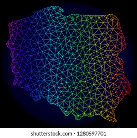 Rainbow colored mesh vector map of Poland isolated on a dark blue background. Abstract lines, triangles forms map of Poland. Carcass model for political posters.