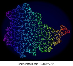 Rainbow colored mesh vector map of Thuringia State isolated on a dark blue background. Abstract lines, triangles forms map of Thuringia State. Carcass model for political purposes.