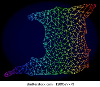 Rainbow colored mesh vector map of Trinidad Island isolated on a dark blue background. Abstract lines, triangles forms map of Trinidad Island. Carcass model for political illustrations.