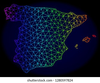 Rainbow colored mesh vector map of Spain isolated on a dark blue background. Abstract lines, triangles forms map of Spain. Carcass model for patriotic illustrations.