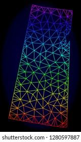 Rainbow colored mesh vector map of Saskatchewan Province isolated on a dark blue background. Abstract lines, triangles forms map of Saskatchewan Province. Carcass model for patriotic templates.