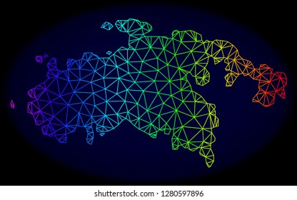 Rainbow colored mesh vector map of Saint John Island isolated on a dark blue background. Abstract lines, triangles forms map of Saint John Island. Carcass model for patriotic templates.