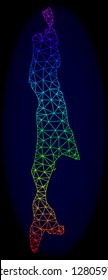 Rainbow colored mesh vector map of Sakhalin Island isolated on a dark blue background. Abstract lines, triangles forms map of Sakhalin Island. Carcass model for political illustrations.