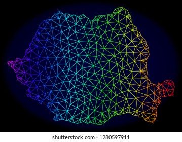 Rainbow colored mesh vector map of Romania isolated on a dark blue background. Abstract lines, triangles forms map of Romania. Carcass model for political illustrations.