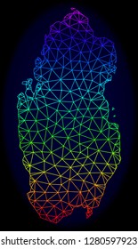 Rainbow colored mesh vector map of Qatar isolated on a dark blue background. Abstract lines, triangles forms map of Qatar. Carcass model for political purposes.