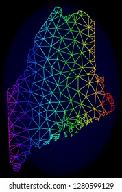 Rainbow colored mesh vector map of Maine State isolated on a dark blue background. Abstract lines, triangles forms map of Maine State. Carcass model for patriotic posters.