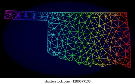 Rainbow colored mesh vector map of Oklahoma State isolated on a dark blue background. Abstract lines, triangles forms map of Oklahoma State. Carcass model for patriotic purposes.