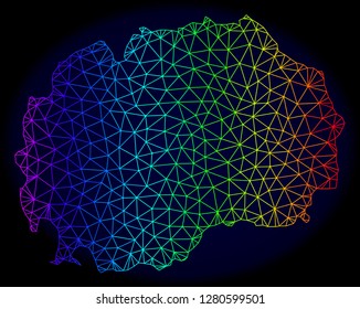 Rainbow colored mesh vector map of Macedonia isolated on a dark blue background. Abstract lines, triangles forms map of Macedonia. Carcass model for political illustrations.