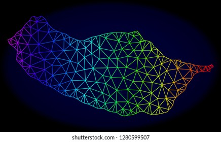 Rainbow colored mesh vector map of Madeira Island isolated on a dark blue background. Abstract lines, triangles forms map of Madeira Island. Carcass model for patriotic templates.