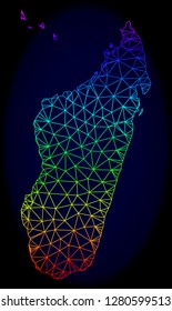Rainbow colored mesh vector map of Madagascar Island isolated on a dark blue background. Abstract lines, triangles forms map of Madagascar Island. Carcass model for political templates.