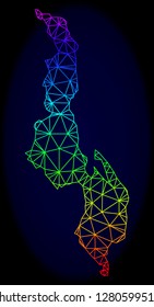 Rainbow colored mesh vector map of Malawi isolated on a dark blue background. Abstract lines, triangles forms map of Malawi. Carcass model for patriotic purposes.