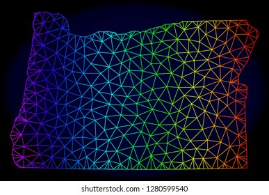 Rainbow colored mesh vector map of Oregon State isolated on a dark blue background. Abstract lines, triangles forms map of Oregon State. Carcass model for patriotic posters.