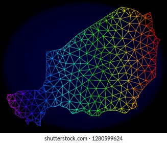 Rainbow colored mesh vector map of Niger isolated on a dark blue background. Abstract lines, triangles forms map of Niger. Carcass model for patriotic posters.