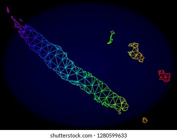 Rainbow colored mesh vector map of New Caledonia isolated on a dark blue background. Abstract lines, triangles forms map of New Caledonia. Carcass model for patriotic templates.