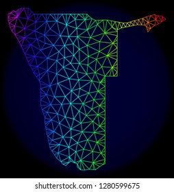 Rainbow colored mesh vector map of Namibia isolated on a dark blue background. Abstract lines, triangles forms map of Namibia. Carcass model for patriotic illustrations.