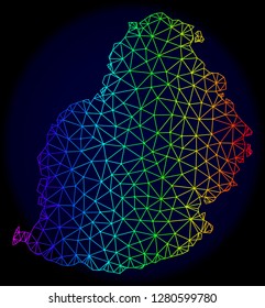 Rainbow colored mesh vector map of Mauritius Island isolated on a dark blue background. Abstract lines, triangles forms map of Mauritius Island. Carcass model for political illustrations.