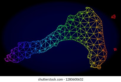 Rainbow colored mesh vector map of Koh Lipe isolated on a dark blue background. Abstract lines, triangles forms map of Koh Lipe. Carcass model for patriotic purposes.