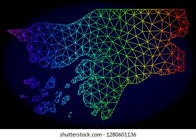 Rainbow colored mesh vector map of Guinea-Bissau isolated on a dark blue background. Abstract lines, triangles forms map of Guinea-Bissau. Carcass model for political illustrations.