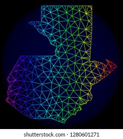 Rainbow colored mesh vector map of Guatemala isolated on a dark blue background. Abstract lines, triangles forms map of Guatemala. Carcass model for political illustrations.