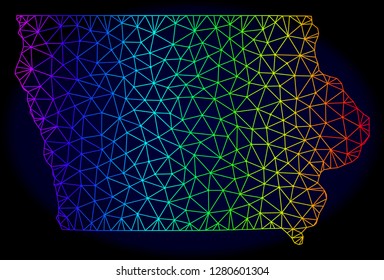 Rainbow colored mesh vector map of Iowa State isolated on a dark blue background. Abstract lines, triangles forms map of Iowa State. Carcass model for patriotic purposes.