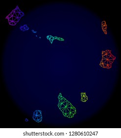 Rainbow colored mesh vector map of Cape Verde Islands isolated on a dark blue background. Abstract lines, triangles forms map of Cape Verde Islands. Carcass model for patriotic purposes.