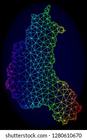 Rainbow colored mesh vector map of Champagne Province isolated on a dark blue background. Abstract lines, triangles forms map of Champagne Province. Carcass model for political templates.