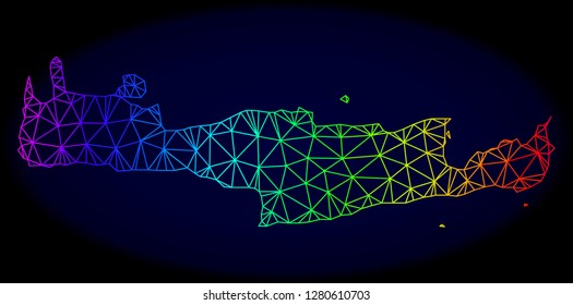 Rainbow colored mesh vector map of Crete Island isolated on a dark blue background. Abstract lines, triangles forms map of Crete Island. Carcass model for political illustrations.