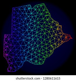 Rainbow colored mesh vector map of Botswana isolated on a dark blue background. Abstract lines, triangles forms map of Botswana. Carcass model for patriotic posters.