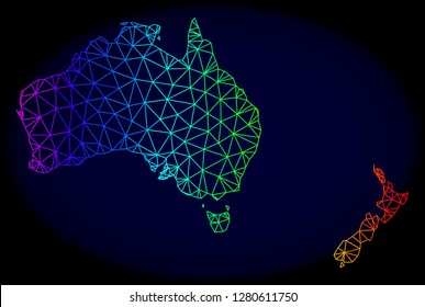 Rainbow colored mesh vector map of Australia and New Zealand isolated on a dark blue background. Abstract lines, triangles forms map of Australia and New Zealand. Carcass model for patriotic posters.