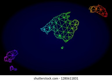 Rainbow colored mesh vector map of Balearic Islands isolated on a dark blue background. Abstract lines, triangles forms map of Balearic Islands. Carcass model for patriotic posters.