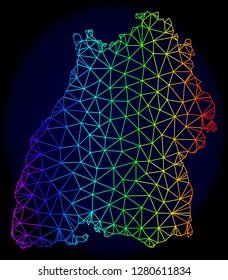 Rainbow colored mesh vector map of Baden-Wurttemberg State isolated on a dark blue background. Abstract lines, triangles forms map of Baden-Wurttemberg State. Carcass model for patriotic posters.