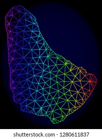 Rainbow colored mesh vector map of Barbados isolated on a dark blue background. Abstract lines, triangles forms map of Barbados. Carcass model for political posters.