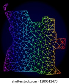 Rainbow colored mesh vector map of Angola isolated on a dark blue background. Abstract lines, triangles forms map of Angola. Carcass model for patriotic purposes.