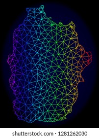 Rainbow colored mesh vector map of Azores - Flores Island isolated on a dark blue background. Abstract lines, triangles forms map of Azores - Flores Island. Carcass model for patriotic illustrations.