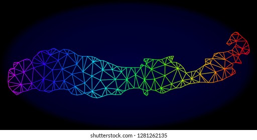 Rainbow colored mesh vector map of Indonesia - Flores Island isolated on a dark blue background. Abstract lines, triangles forms map of Indonesia - Flores Island. Carcass model for patriotic posters.