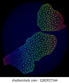 Rainbow colored mesh vector map of Flevoland Province isolated on a dark blue background. Abstract lines, triangles forms map of Flevoland Province. Carcass model for political posters.