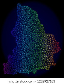 Rainbow colored mesh vector map of Sverdlovsk Region isolated on a dark blue background. Abstract lines, triangles forms map of Sverdlovsk Region. Carcass model for political templates.