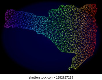 Rainbow colored mesh vector map of Santa Catarina State isolated on a dark blue background. Abstract lines, triangles forms map of Santa Catarina State. Carcass model for political posters.