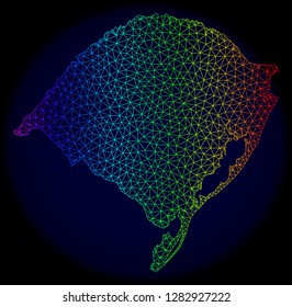 Rainbow colored mesh vector map of Rio Grande do Sul State isolated on a dark blue background. Abstract lines, triangles forms map of Rio Grande do Sul State. Carcass model for patriotic purposes.