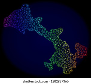 Rainbow colored mesh vector map of Gansu Province isolated on a dark blue background. Abstract lines, triangles forms map of Gansu Province. Carcass model for patriotic posters.